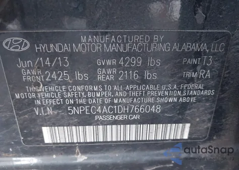 2013 Hyundai Sonata Se из США, поврежденный, VIN 5NPEC4AC1DH766048